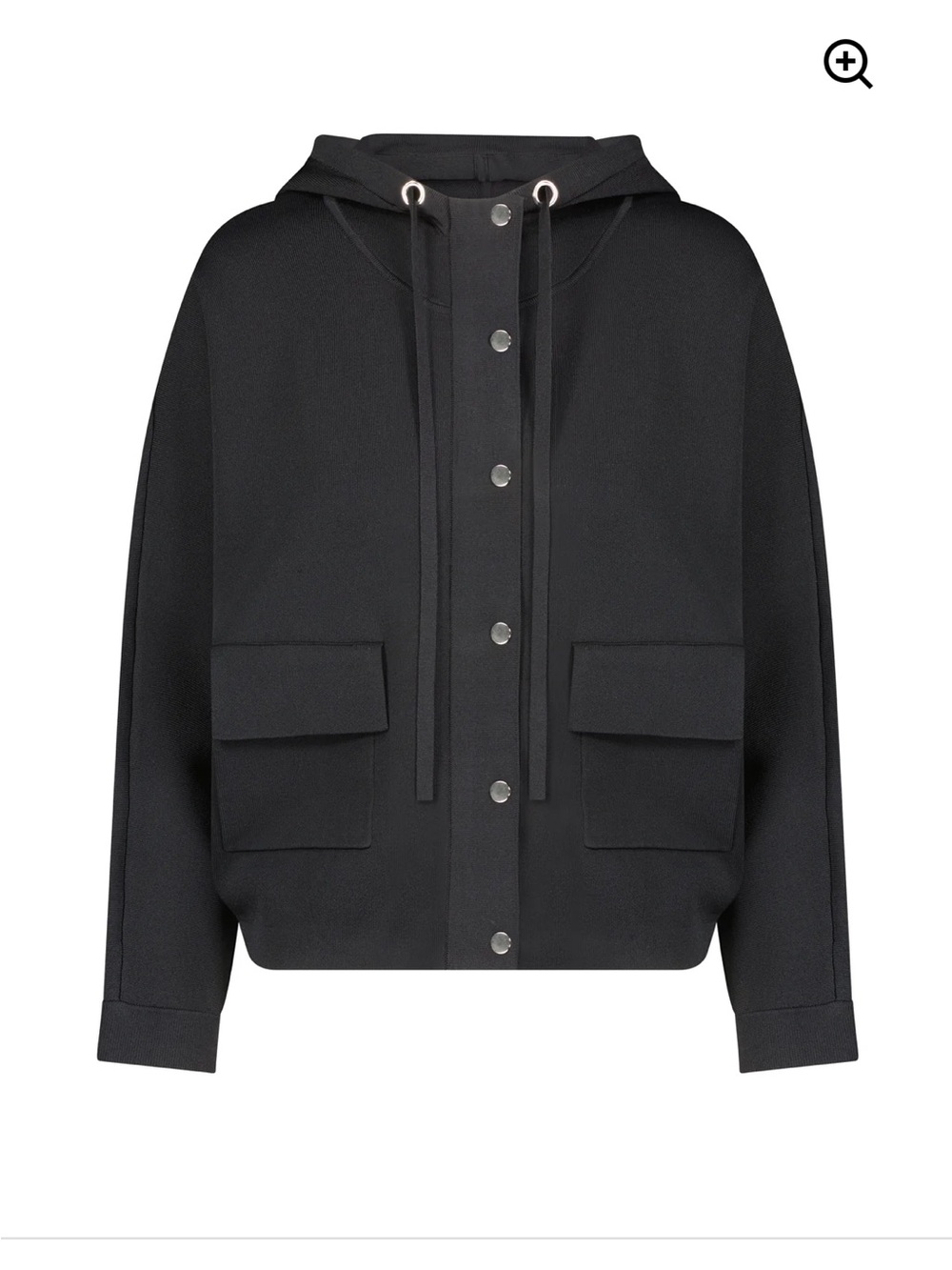 Aleeza Paris Black Hooded Snap-Front Jacket (“Rosee loose knit cardigan”)